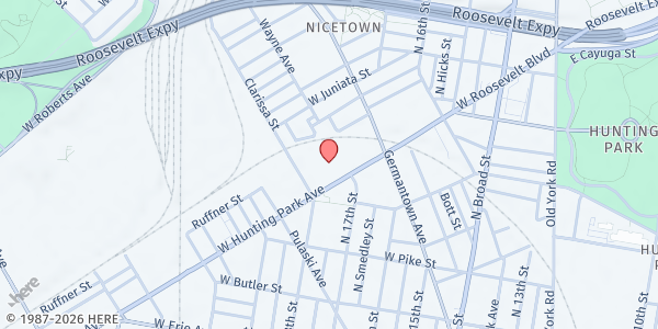 Map showing Mama-Tee.com Community Fridge - Opportunity Towers I & II at 1717 West Hunting Park Avenue, North Philadelphia, PA