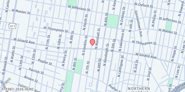 Map showing Mama-Tee.com Community Fridge - West Girard Avenue at 635 West Girard Avenue, North Philadelphia, PA