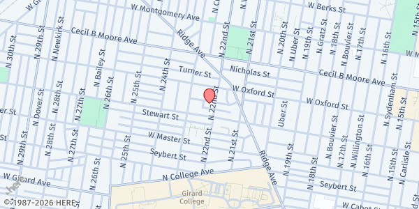 Map showing Miller Memorial Baptist Church at 1518 North 22nd Street, North Philadelphia, PA