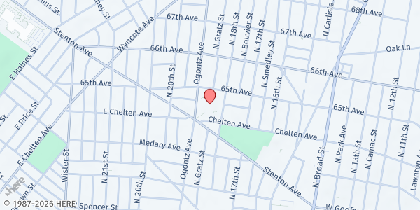 Map showing Mt. Airy Church of God in Christ at 6401 Ogontz Avenue, North Philadelphia, PA