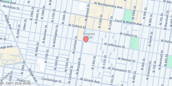 Map showing Mt. Olive Holy Temple Church at 1469 North Broad Street, North Philadelphia, PA