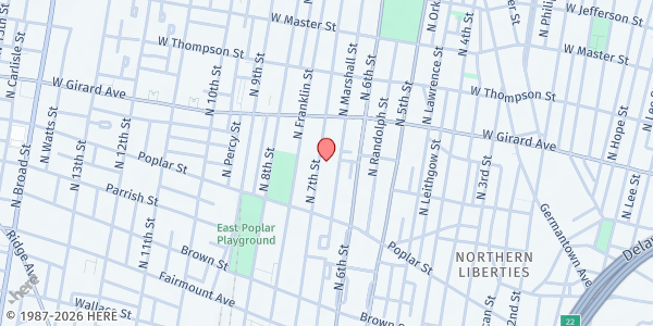 Map showing Mt. Tabor Love Kitchen at 961 North 7th Street, North Philadelphia, PA