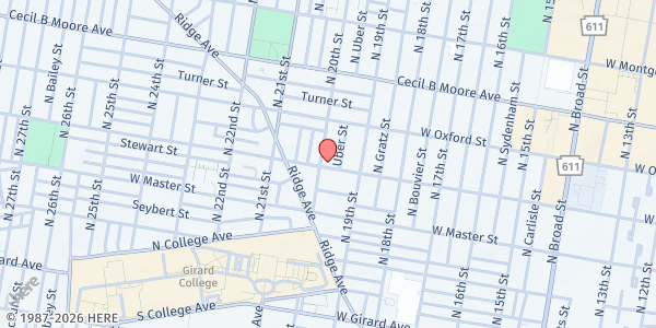 Map showing Mt. Zion Pentecostal Church of God in Christ at 1501 North 20th Street, North Philadelphia, PA