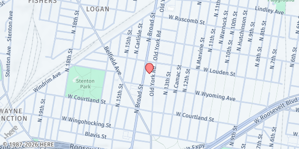 Map showing New Life Seventh-day Adventist Church - Community Center at 4727 North Broad Street, North Philadelphia, PA