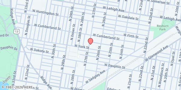 Map showing North Penn Baptist Church at 2419 North 27th Street, North Philadelphia, PA