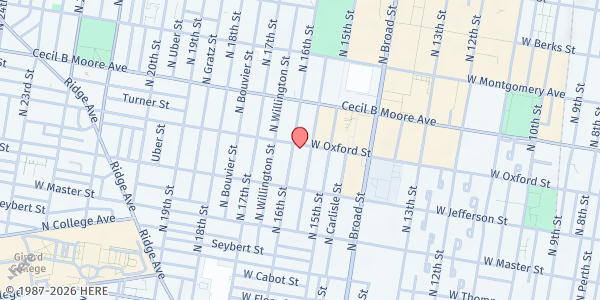 Map showing North Philadelphia Seventh Day Adventist Church at 1510 West Oxford Street, North Philadelphia, PA