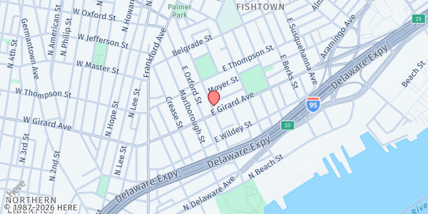 Map showing Philadelphia Brotherhood Rescue Mission at 401 East Girard Avenue, North Philadelphia, PA