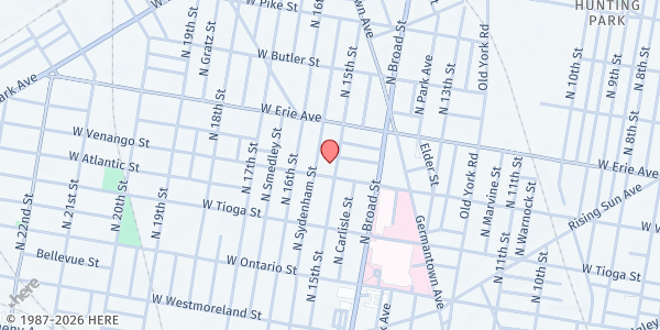 Map showing Praise the Living God Holiness Church at 3610 North 15th Street, North Philadelphia, PA