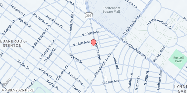 Map showing Remnant Church of God at 7708 Ogontz Avenue, North Philadelphia, PA