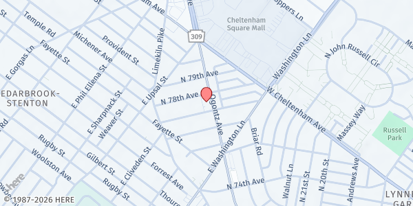Map showing Remnant Church of God - Food Pantry at 7708 Ogontz Avenue, North Philadelphia, PA