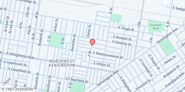 Map showing River of Life Church at 701 East Cornwall Street, North Philadelphia, PA