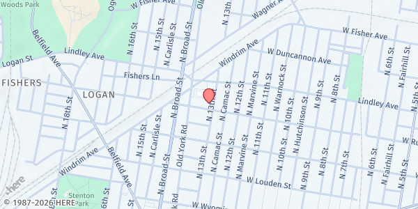 Map showing Second Macedonia Baptist Church at 1301 West Ruscomb Street, North Philadelphia, PA