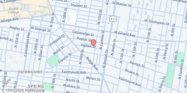 Map showing Second Pilgrim Baptist Church at 854 North 15th Street, North Philadelphia, PA