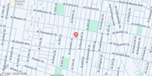 Map showing Temple Presbyterian Church at 1300 North 7th Street, North Philadelphia, PA