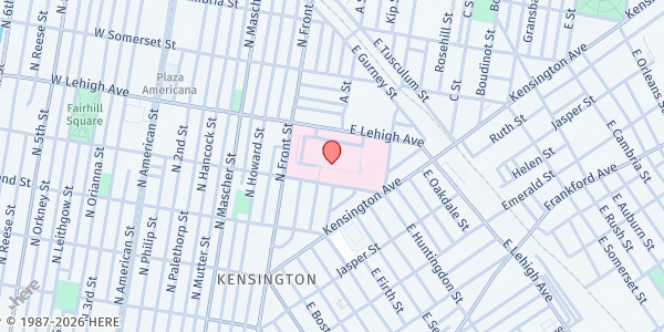 Map showing Temple University Hospital, Episcopal Campus - Food Pantry at 100 East Lehigh Avenue, North Philadelphia, PA