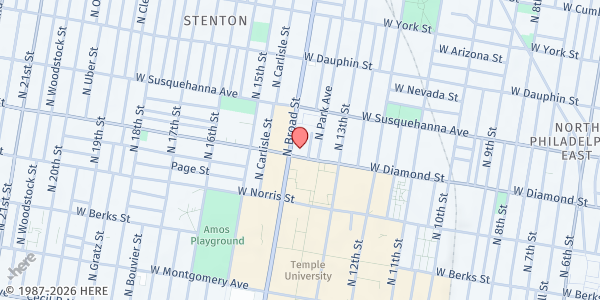 Map showing The Center for Returning Citizens Community Healing Center - North Central at 2101 North Broad Street, North Philadelphia, PA