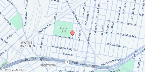 Map showing The Word In Action International Ministries, Inc. at 1539 West Courtland Street, North Philadelphia, PA