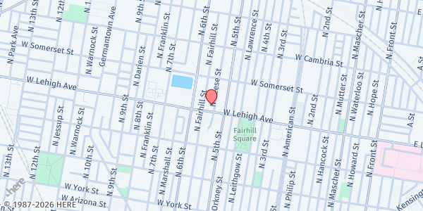 Map showing True Vine Worship Center at 521 West Lehigh Avenue, North Philadelphia, PA