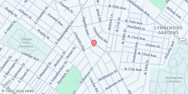 Map showing Upper Room Baptist Church at 7236 Ogontz Avenue, North Philadelphia, PA