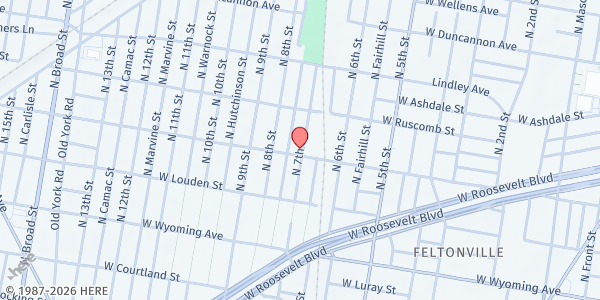Map showing Victory Kingdom Fellowship Ministry at 701 West Rockland Street, North Philadelphia, PA