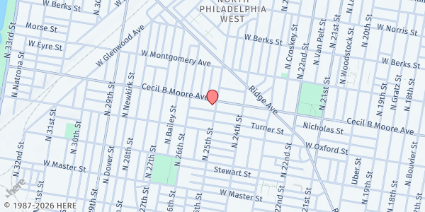 Map showing Wayland Temple Baptist Church at 2500 Cecil B. Moore Avenue, North Philadelphia, PA