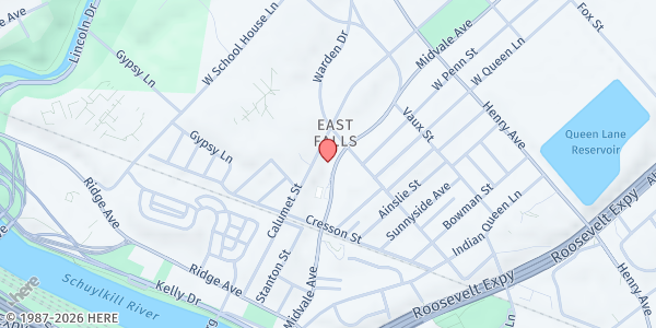 Map showing East Falls Community Fridge at 3507 Midvale Avenue, Northwest Philadelphia, PA