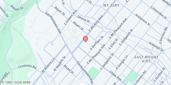 Map showing The H.O.P.E. Food Pantry at 140 East Mount Airy Avenue, Northwest Philadelphia, PA