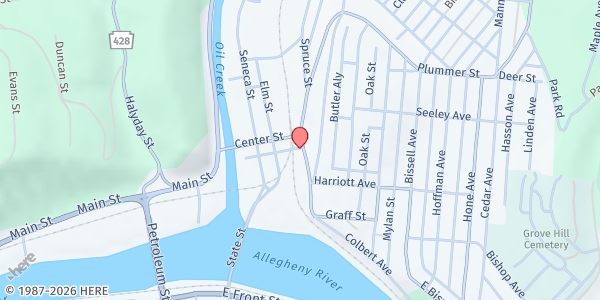 Map showing Venango County Salvation Army - Food Distribution Center at 217 Sycamore St, Oil City, PA