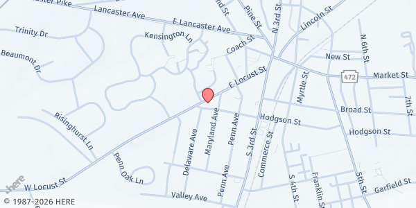 Map showing Oxford Area Senior Center at 12 E. Locust St., Oxford, PA