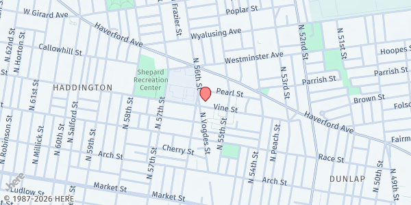 Map showing 48th Street Mount Pleasant Baptist Church at 5537-39 Vine St., Philadelphia, PA
