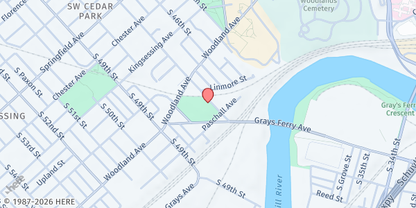 Map showing 48th & Woodland Intro to the Arts at 1414 S. 47th street, Philadelphia, PA