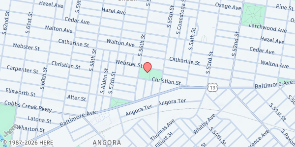 Map showing A.W. Christy Recreation Center at 728 S 55th St, Philadelphia, PA