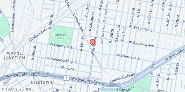 Map showing Alpha & Omega Christian Academy at 4614 N. Broad St., Philadelphia, PA