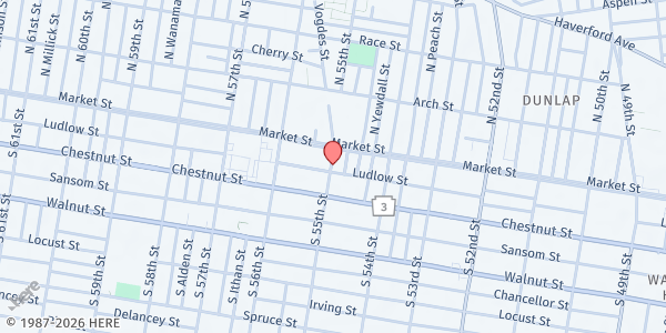 Map showing Assata Steam Academy at 27 S 55th ST, Philadelphia, PA