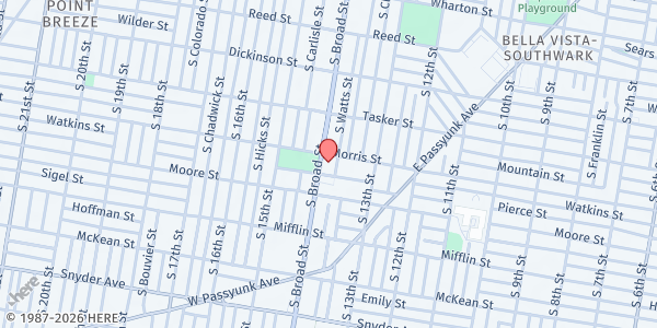 Map showing Bethany Miracle Center at 1709 South Broad St, Philadelphia, PA