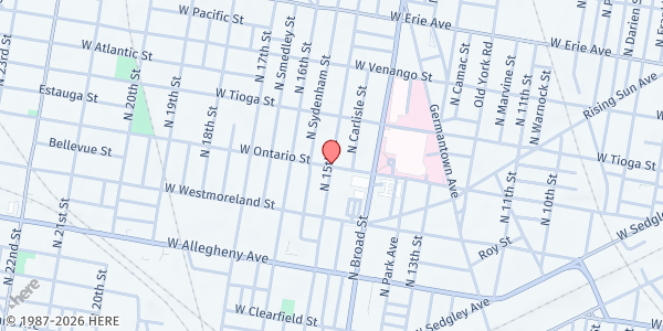 Map showing Beulah Baptist Church at North 15th Street, Philadelphia, PA