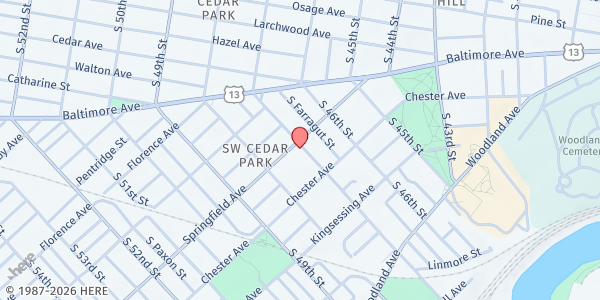 Map showing Catholic Housing and Community Services Star Harbor Senior Center Satellite at 4700 Springfield Ave., Philadelphia, PA