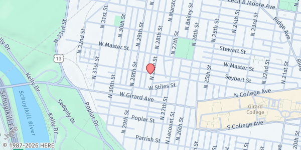 Map showing Celestial Word Ministries at 2808 Thompson St, Philadelphia, PA