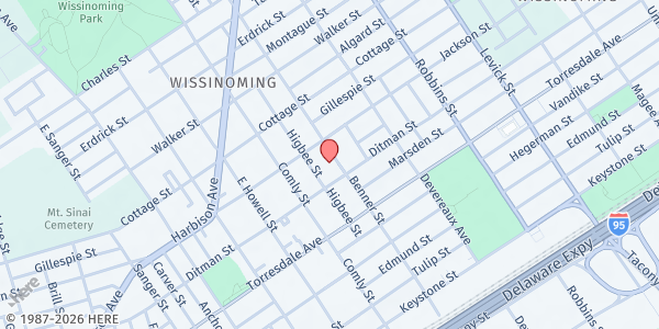 Map showing Centre D'Adoration Chretienne at 4520 Benner St., Philadelphia, PA