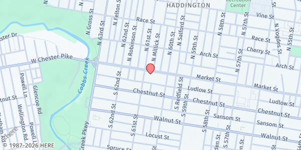 Map showing Ebenezer M Francophone Church at 6044 Market Street, Philadelphia, PA