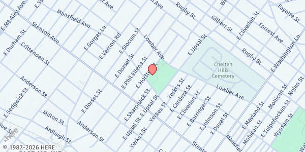 Map showing FINLEY RECREATION CENTER at 1001 E. Hortter St., Philadelphia, PA