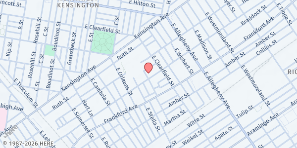 Map showing Free Church of St John at 3076 Emerald St, Philadelphia, PA