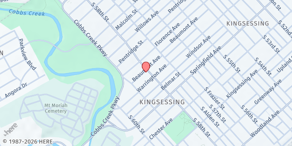 Map showing Freedom Worship Center at 1628 S. 58th St, Philadelphia, PA