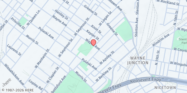 Map showing Happy Hollow Recreation Center at 4800 Wayne Ave, Philadelphia, PA