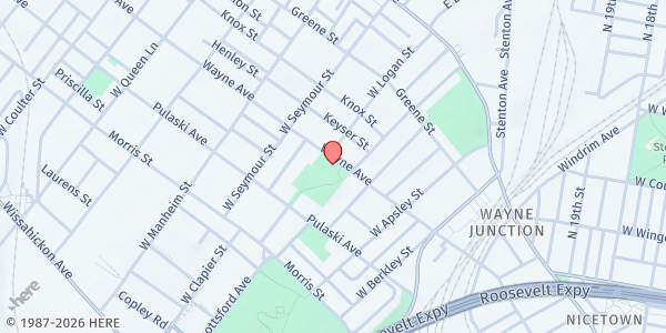 Map showing Happy Hollow Recreation Playground at 4800 Wayne Avenue, Philadelphia, PA