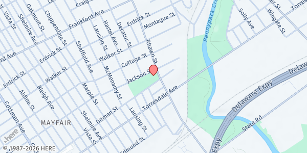Map showing Holmesburg Rec Intro Camp at 4500 Rhawn St, Philadelphia, PA