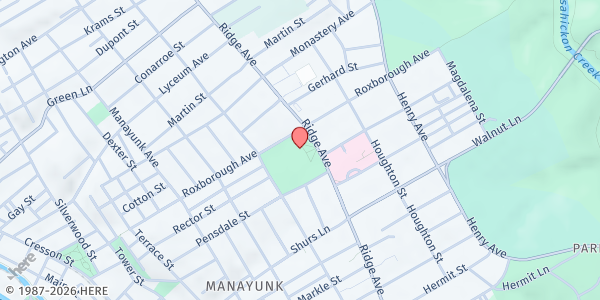 Map showing Kendrick Recreation Center at 5822 Ridge Ave., Philadelphia, PA