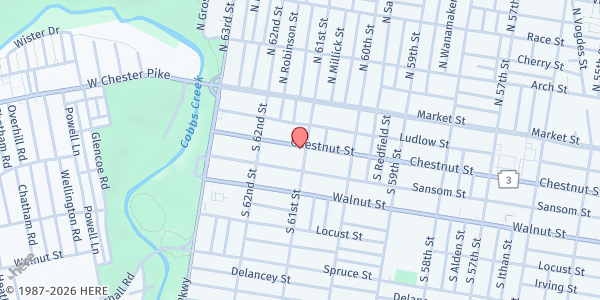 Map showing Kids World Christian Center at 6100 Chestnut St., Philadelphia, PA