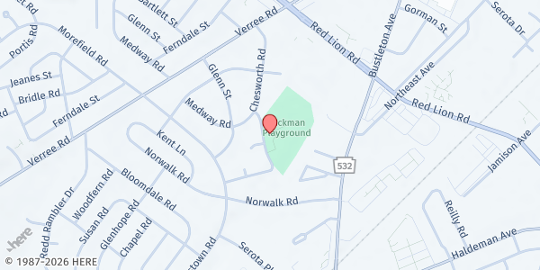 Map showing Lackman Recreation Center at 1101 Bartlett St., Philadelphia, PA