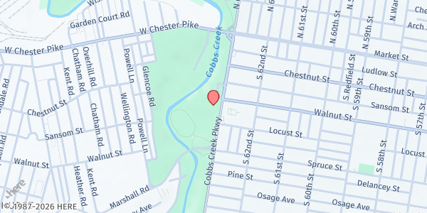 Map showing Laura Simms Skate House at 210 Cobbs Creek Parkway, Philadelphia, PA